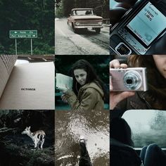 a collage of photos with an old car, street signs and a woman holding a camera