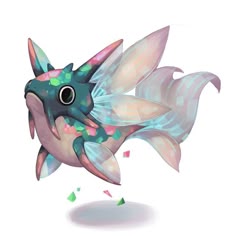 an animated fish that is flying through the air with it's eyes wide open