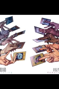 several different images of hands reaching for cards