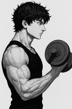 a drawing of a man holding two dumbs