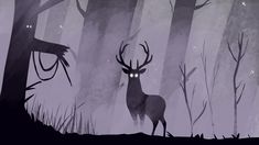 a deer standing in the middle of a forest filled with tall grass and trees at night