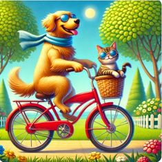 a dog riding a bike with a cat in the basket