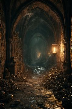 a dimly lit tunnel with skulls on the floor and light at the end is glowing