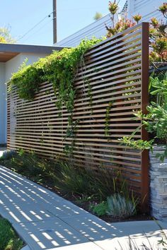 a wooden fence with plants growing on it in front of a house and walkway leading to the entrance