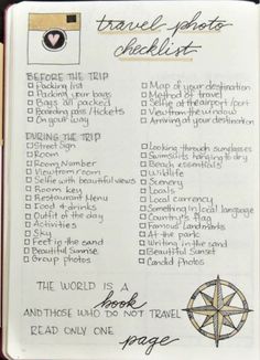 a travel checklist is shown in an open notebook with writing on the pages and a compass
