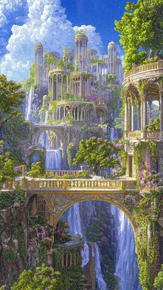 a painting of a waterfall and bridge in the middle of a lush green forest filled with flowers