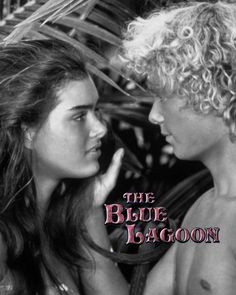 the blue lagoon movie poster with two young women looking at each other and one man touching his face