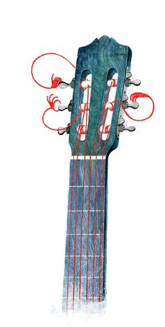 a drawing of an electric guitar with red strings