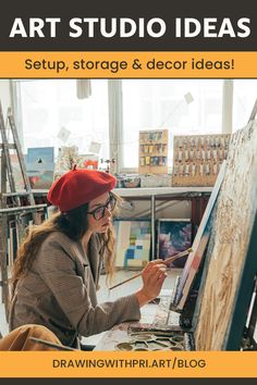 a woman sitting in front of an easel painting with the words art studio ideas set up, storage & decor ideas
