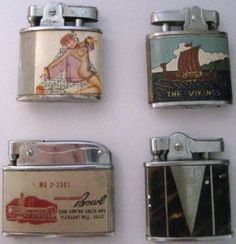 four lighters with different pictures on them
