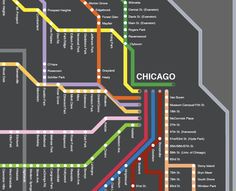 the chicago subway map is shown in black and white, with colorful lines on it