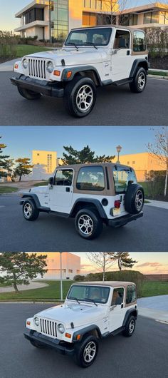 three different pictures of the same white jeep