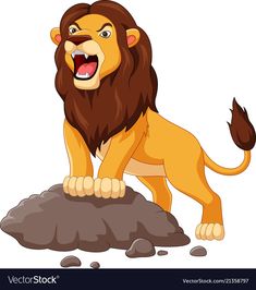 a lion standing on top of a rock with its mouth open and teeth wide open