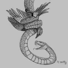 a black and white drawing of a snake with its head in the shape of a bird