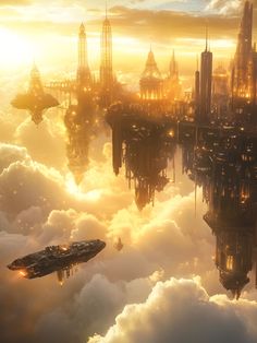 an image of a sci - fi city in the sky with ships floating on clouds