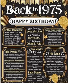 a birthday party flyer with balloons and confetti on the back in black and gold