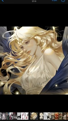 an image of a woman with long blonde hair and blue wings on her chest, looking down