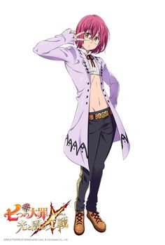 an anime character with pink hair and black pants standing in front of a white background