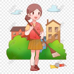 a girl holding a broom in her hand while standing next to a house and trees