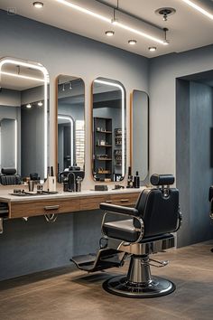 a barber chair sitting in front of a mirror and two mirrors with lights on them