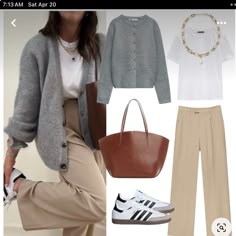 Dark Grey And Beige Outfit, Work Athleisure Outfits, Beige Dress Pants Outfit, How To Style Beige Trousers, Gray And Cream Outfit, Gray And Khaki Outfit, Grey And Cream Outfit, Grey Cardigan Outfit Casual, Light Gray Pants Outfit