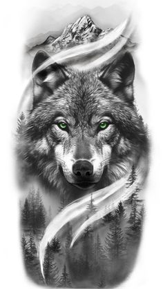 a wolf with green eyes is shown in this black and white tattoo art design by person