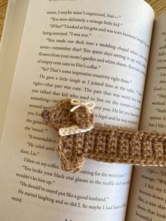 a crocheted bookmark laying on top of an open book