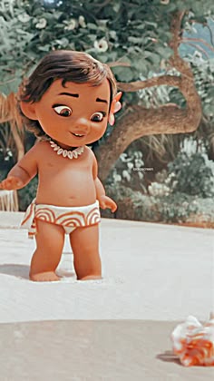 an image of a baby doll that is wearing a diaper and standing in front of a tree