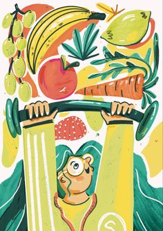 a drawing of a monkey hanging from a banana tree with fruits and vegetables around him