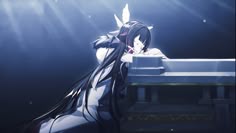 an anime character sitting at a table in the water with her hair blowing back and eyes closed