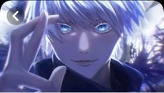 an anime character with blue eyes holding his hand up in the air and looking at the camera