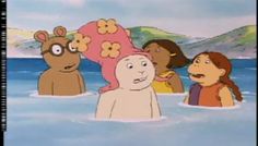 cartoon characters in the water with one person holding an umbrella and two others looking on