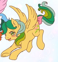 three different colored ponys flying in the sky together, one is green and the other is pink