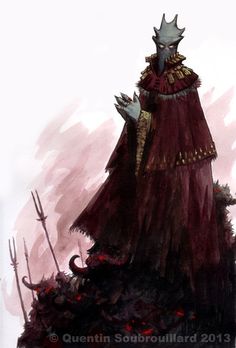 a drawing of a man in a red outfit with horns on top of a pile of plants