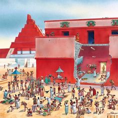a painting of people in front of a red building