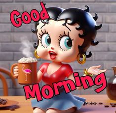 a cartoon girl holding a mug with the words good morning in front of her face