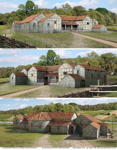 three different views of an old farm house