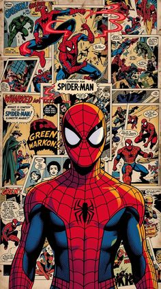 the amazing spider - man is in front of an image of many other characters and their faces
