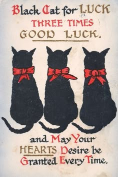 three black cats with red bows on their collars are sitting in front of a sign