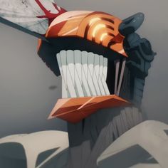 an orange and white sculpture with two wings on it's head, against a gray background