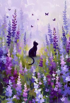 a painting of a black cat sitting in a field of purple flowers with butterflies flying overhead