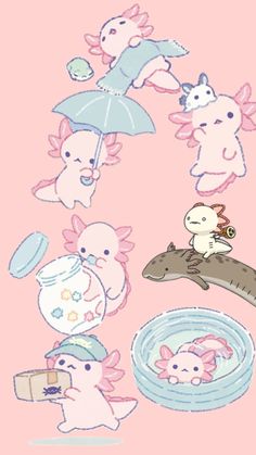 an image of cartoon animals with umbrellas over their heads and in the water on a pink background