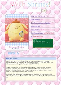 the web page for an anime character is shown in pink and white checkered background