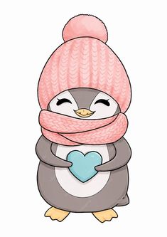 a penguin wearing a pink knitted hat and scarf with a heart on its chest