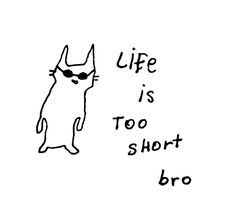 a black and white drawing of a cat with sunglasses saying life is too short bro