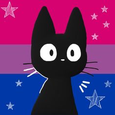 a black cat with big eyes standing in front of pink, blue and purple stars
