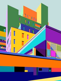 an abstract image of colorful buildings on a bridge