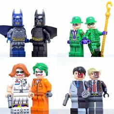 four lego batman minifigures with different costumes