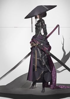 a woman with an umbrella standing in front of some swords