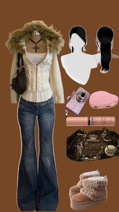 Y2K Outfit Idea.Fur ZipUp.Low waist bootcut jeans.Big Brown Vintage Juicy Couture bag.Uggs.Nyx Lipgloss.Hand Mirror.Cybershot Digital Camera.Sleek Ponytail.🧚🏼‍♀️😻😼🙈 2000s Fashion Inspiration, Trashy Outfits, Diy Vetement, 2000s Outfits, Street Style Outfits Casual, 2000s Fashion Outfits, Swaggy Outfits, Outfit Inspo Casual, Really Cute Outfits